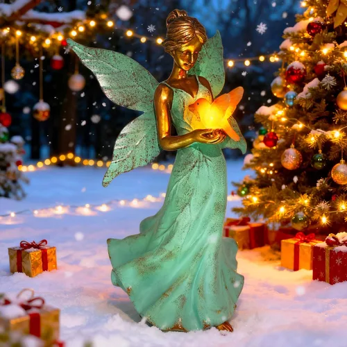 Vista 8 de Decoración solar de estatua de jardín de hadas, figura de resina de ángel de 10 pulgadas, impermeable, decoración del hogar con luces LED de colibrí