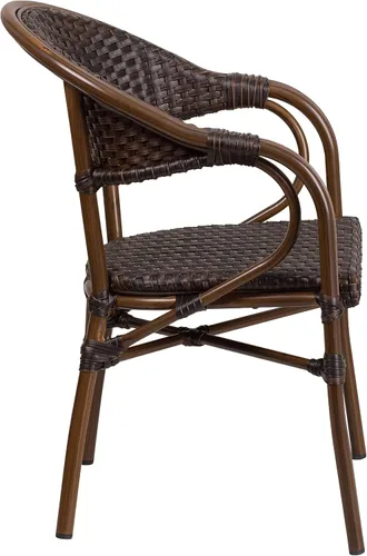 Vista 4 de Flash Furniture Milano Series - Silla de patio de ratán marrón oscuro con marco de bambú rojo y aluminio