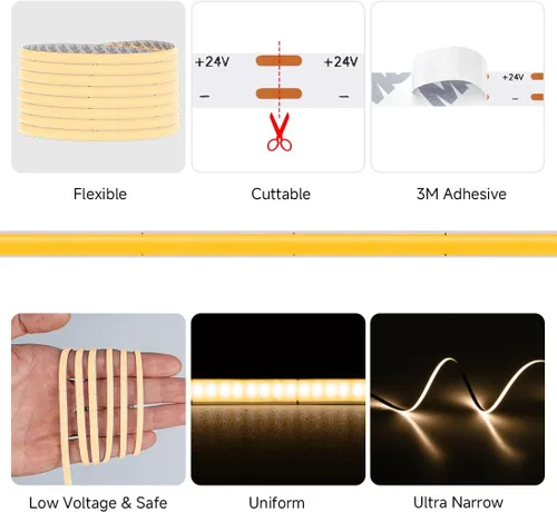 Vista 2 de 5mm COB LED Strip Light DC24V Narrow Thin Flexible High Density Uniform 3000K Warm White Cob Strips 400leds/m 16.4FT Dimmable CRI 90+ LED Tape