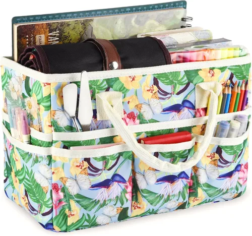 Vista 10 de Bolsa de mano organizadora de manualidades con múltiples bolsillos, gran caddy de almacenamiento de arte con asas para arte, manualidades, costura
