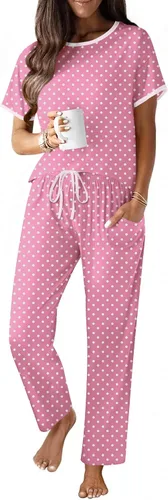 Vista 20 de Ekouaer - Conjunto de pijama de 100% algodón para mujer, manga corta, con pantalón largo, 2 piezas, juego de ropa para dormir con bolsillo
