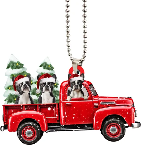 Vista 7 de Talataca Boston Terrier con camión rojo de Navidad, árbol de pino, regalo 2D plano para espejo retrovisor, accesorios para el árbol de Navidad