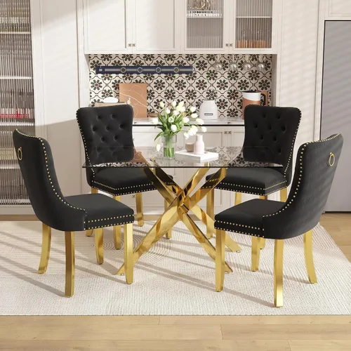Vista 14 de Juego de mesa de comedor de 51 pulgadas de vidrio para 4, mesa de cocina rectangular de vidrio con 4 sillas tapizadas con acentos de terciopelo