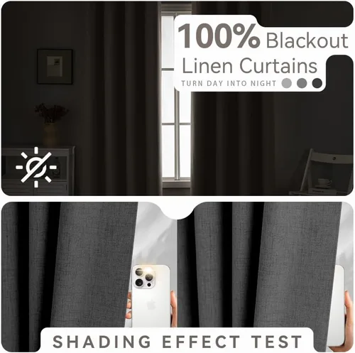 Vista 2 de Cortinas de lino libres de PFAS en negro de 63 pulgadas de largo, juego de 2 paneles, 100% cortinas opacas largas para dormitorio, sala de estar