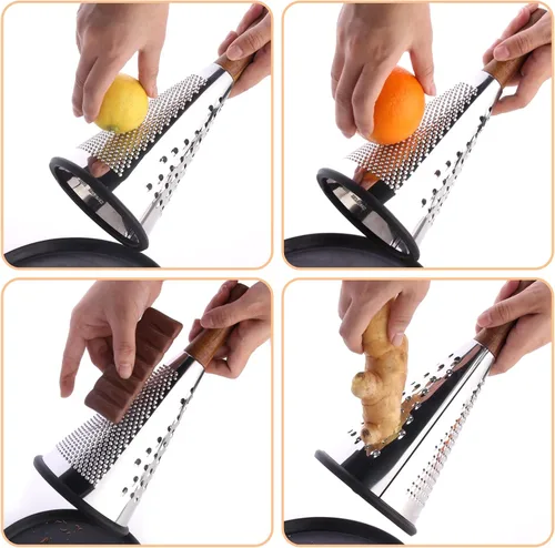 Vista 6 de Rallador de Queso Cónico con Mango - Rallador de Queso Multifuncional de Acero Inoxidable con Triple Función, Mango de Madera, Raspador