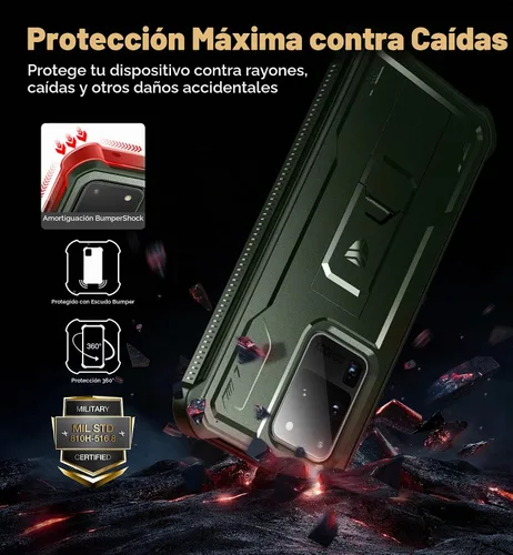 Vista 3 de Dexnor Funda de cuerpo completo para Samsung Galaxy S20 Ultra de 6.9 pulgadas, protector de pantalla y soporte integrados, protección de grado Verde