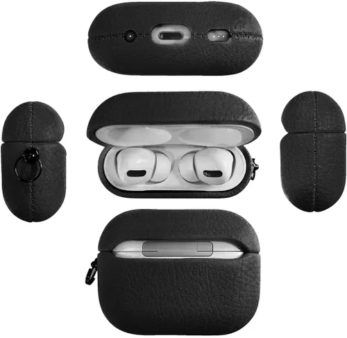 Vista 3 de Funda de cuero con iniciales personalizadas compatible con Airpods Pro, funda vegana de lujo con llavero con nombre personalizado en relieve y Negro