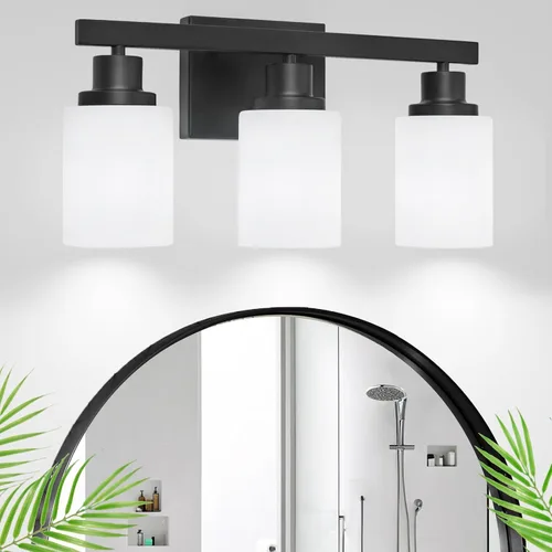 Vista 24 de Juego de 2 apliques de pared para baño, 1 luz negra, apliques de pared modernos para interiores con pantallas de vidrio blanco, lámpara de pared