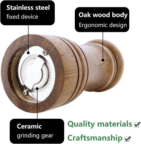 Vista 2 de 1 paquete de molinillo de pimienta de madera de 5 pulgadas, molinillo de pimienta de madera o molinillo de sal con rotor de cerámica ajustable