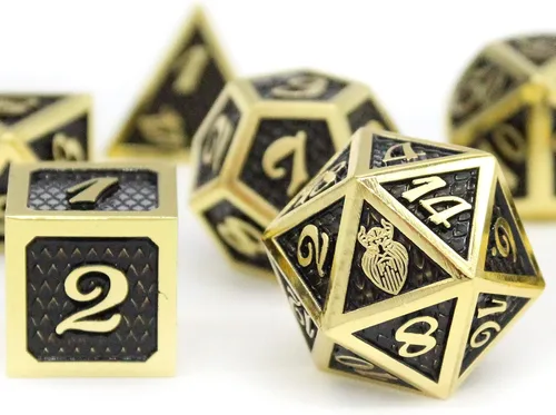Vista 10 de HEIMDALLR Juego de dados DND de metal, 7 piezas, diseño de piel de dragón, tamaño de 0.630 in, logotipo en D20; juego de dados de metal y caja