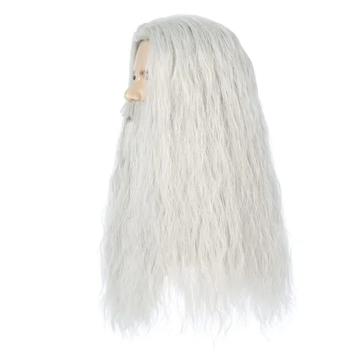 Vista 7 de MAN SI Pelucas y barba grises plateadas, peluca larga ondulada de mago para hombres, peluca de disfraz de Halloween
