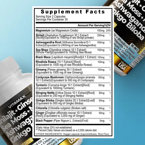Vista 7 de Vitamax Suplemento puro de shilajit del Himalaya, Ashwagandha, musgo marino, Rhodiola Rosea, Gingko Biloba, cápsulas de ácido fúlvico y minerales
