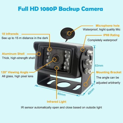 Vista 5 de Monitor de 7 pulgadas 1080P Sistema de cámara de visión trasera con cable, grabadora DVR, compatible con tarjeta SD de 256 GB, entrada de 4 canales