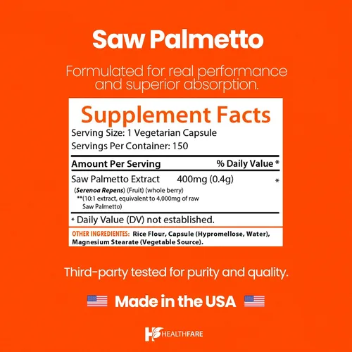 Vista 3 de Healthfare Extracto de palma enana americana 150 cápsulas veganas Suplemento herbario extra fuerte Sin OMG, sin gluten Fabricado en Estados