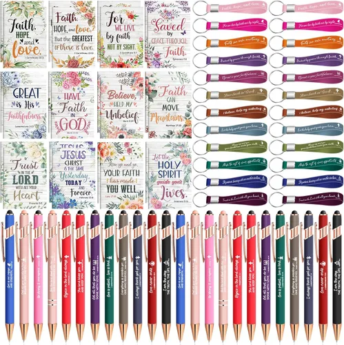 Vista 7 de Estune 36 Pcs Christian Bible Gifts Set Bulk Religious Scripture Notebooks Scripture Quote Inspirational Ballpoint Pens Verse Christmas Keychain