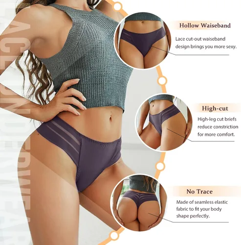 Vista 3 de chahoo Ropa interior de tanga para mujer, bragas sexy de tiro bajo, sin costuras, tangas de encaje en la espalda en T, paquete de 5 tangas que no se