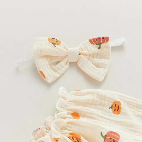 Vista 4 de Traje de Halloween para bebé recién nacida, disfraz de calabaza de manga larga de algodón y lino, enterizo con diadema