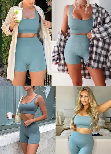 Vista 7 de fatty tiger Conjuntos de entrenamiento acanalados para mujer, 2 piezas, trajes de gimnasio, ombligueras, pantalones cortos de cintura alta