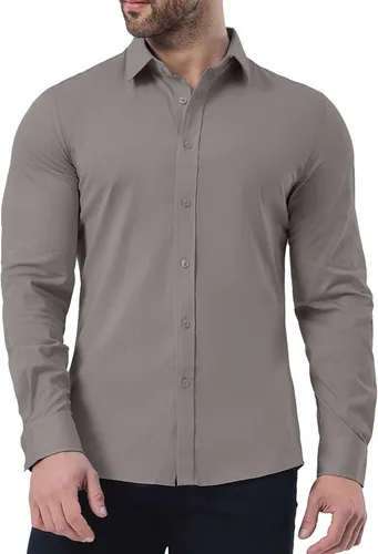 Vista 3 de ZAFUL Camisas de vestir elásticas sin arrugas para hombre, camisa de algodón casual con botones de manga larga