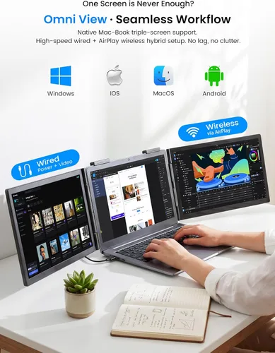 Vista 3 de UPERFECT Extensor de pantalla para laptop, monitor portátil triple inalámbrico de 14 pulgadas, monitor de viaje dual ultra delgado 125% sRGB un