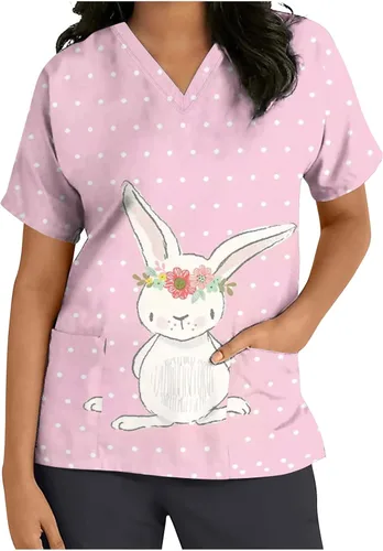 Vista 3 de Womens Short Sleeve Top Graphic Blouses for Women Vneck Work Scrub Easter Summer Fall Shirt 2023
