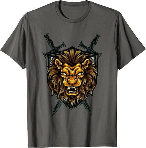 Vista 106 de Camiseta con diseño de caballero medieval renacentista, con diseño de espada de león, Negro, S