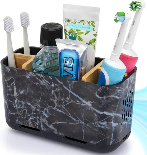 Vista 11 de GFWARE Soporte para cepillos de dientes negro – Portacepillos de dientes de bambú para baños, organizador de cepillos de dientes eléctrico