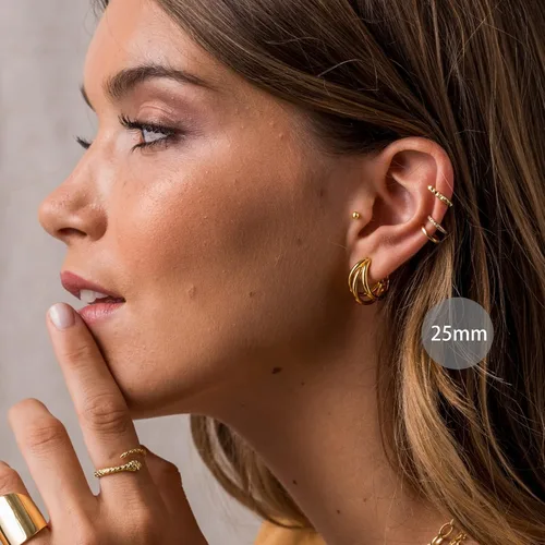 Vista 74 de Aretes de aro gruesos de oro para mujer, chapados en oro de 14 quilates, aretes de aro triple, hipoalergénicos, a la moda, aretes de aro gruesos
