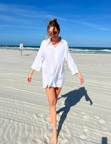 Vista 4 de UNibelle Camisas de lino de algodón para mujer, estilo casual, con botones, para playa, para cubrir el traje de baño