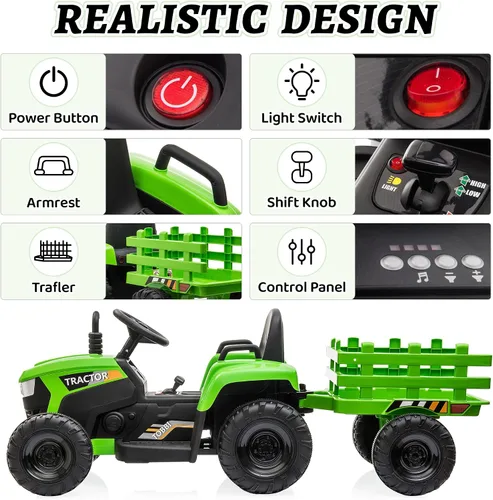 Vista 3 de TOBBI - Coche eléctrico para niños de 12 V con remolque, tractor para Verde
