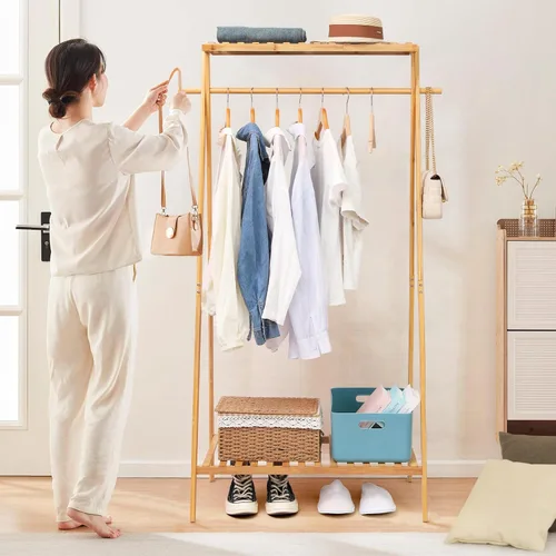 Vista 3 de Jotsport Perchero de bambú para ropa con estante de almacenamiento de 2 niveles, soporte para colgar, organizador de armario portátil