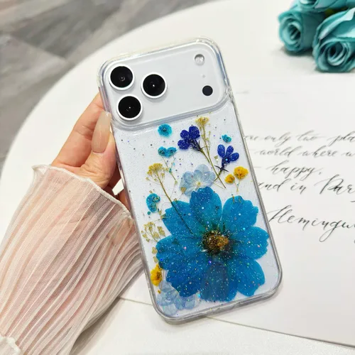 Vista 4 de Funda floral para iPhone 17 con flores reales prensadas, bonito diseño de flores secas prensadas transparentes con purpurina para mujer, suave TPU