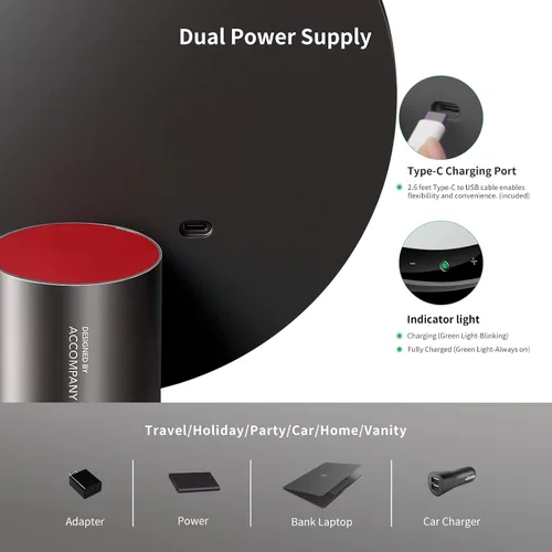 Vista 4 de AMIRO Espejo de maquillaje iluminado de 9" con sensor inteligente y control táctil, 3 colores y 6 niveles de brillo, recargable e inalámbrico, Negro