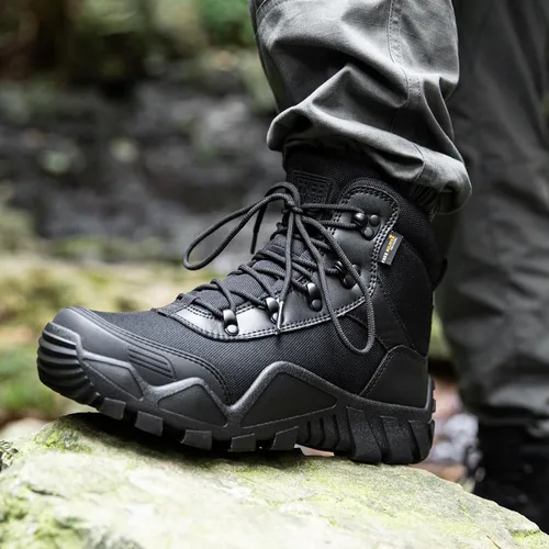 Vista 9 de FREE SOLDIER Botas de senderismo impermeables para hombre, botas de trabajo tácticas, botas militares ligeras al aire libre negro (Mid Black)