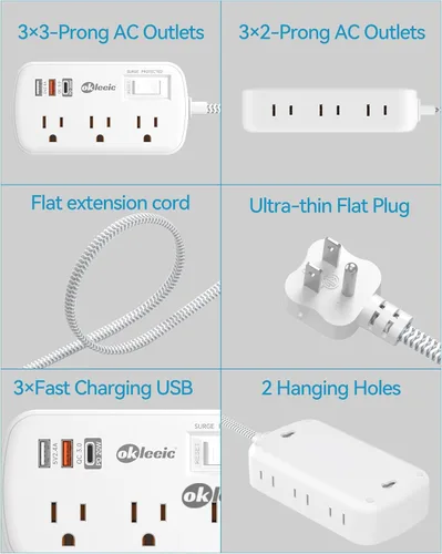 Vista 6 de Regleta de alimentación con protección contra sobretensiones PD de 20 W USB C, regleta de alimentación para viajes con 3 puertos USB (1 USB C) y 6