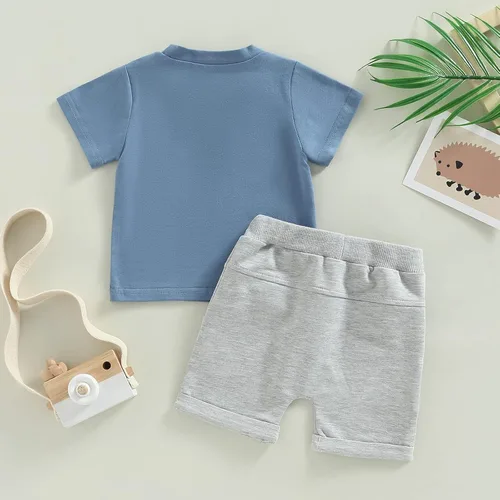 Vista 74 de Conjunto de ropa casual de manga corta con botones y pantalones cortos de lino para bebés y niños pequeños