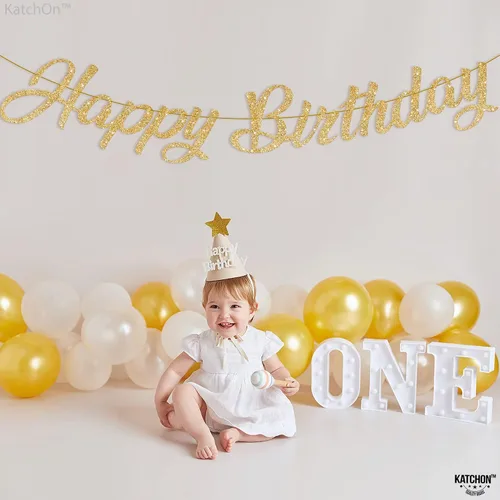 Vista 7 de KatchOn, Cartel de feliz cumpleaños dorado con purpurina – 10 pies, pre-encordado Letrero dorado de feliz cumpleaños para decoraciones doradas