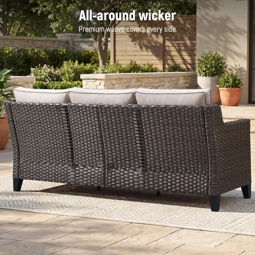 Vista 7 de Belord Sofá de patio exterior acolchado de 3 asientos de lujo de 6 pulgadas Cojín de mimbre marrón/beige de 6 pulgadas