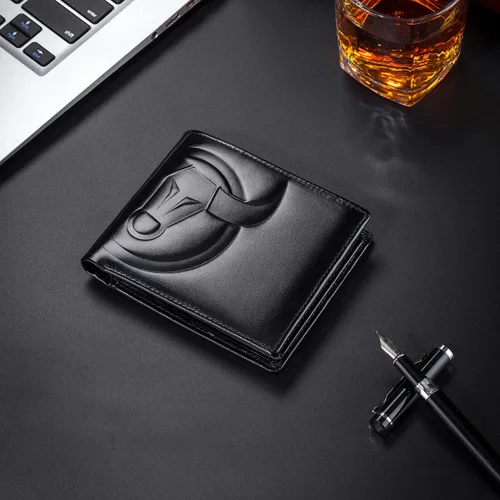 Vista 2 de BULLCAPTAIN Cartera delgada para hombre de cuero genuino RFID bloqueo minimalista cartera para hombres doble tarjeta de crédito titular 203H Negro S