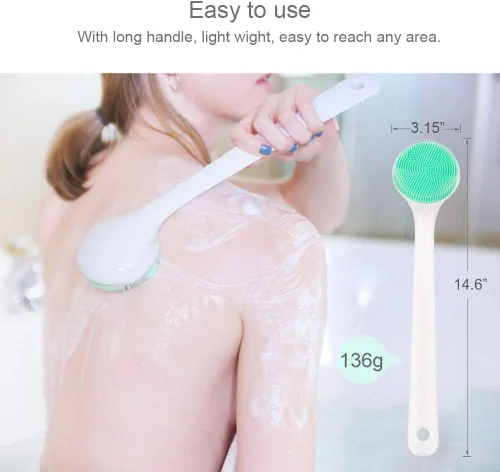 Vista 3 de Exfoliante corporal de silicona, cepillo de baño trasero mango largo para ducha