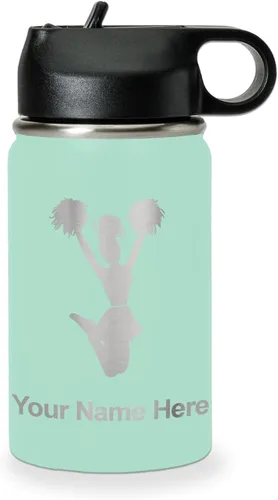 Vista 45 de LaserGram Botella de agua con tapa abatible de doble pared de 12 onzas con pajita, animadora, grabado personalizado incluido (negro)