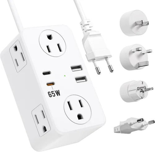 Vista 9 de Adaptador de enchufe de viaje europeo Kakyanill, adaptador de corriente para Italia, 4 tomas de CA, 3 puertos USB (2 USB C), cable de extensión