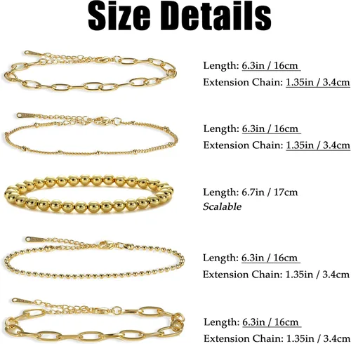 Vista 6 de KesaPlan Juego de pulseras de oro para mujer, ajustables, chapadas en oro de 14 quilates, con cuentas delicadas, juego de pulseras de eslabones