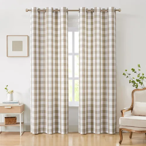 Vista 29 de Amzdecor Cortinas a cuadros con ojales de búfalo de 54 pulgadas de largo, cortinas texturizadas semitransparentes para sala de estar, dormitorio
