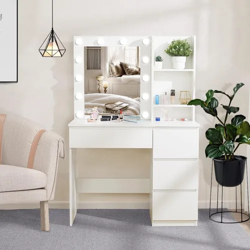Vista 7 de Vabches Tocador de maquillaje con luces, escritorio de tocador de 37 pulgadas, cómoda de 4 cajones grandes con espejo iluminado, 3 modos de Blanco