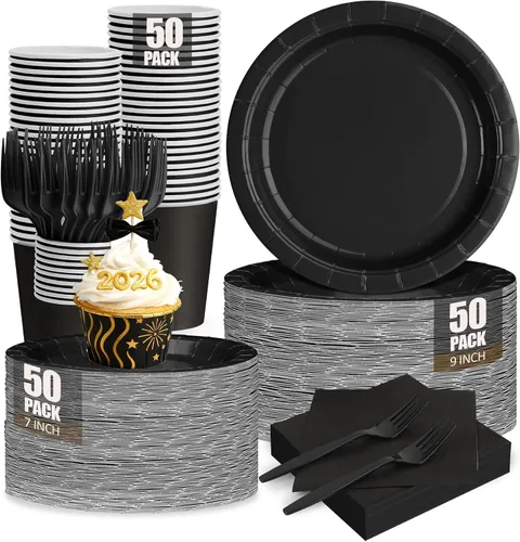 Vista 8 de Platos y servilletas de papel negro, platos desechables para fiestas, incluye platos de 7 y 9 pulgadas, tazas, servilletas, tenedores, suministros
