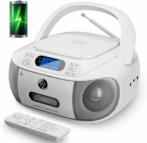 Vista 8 de Reproductor de CD y Cinta Combo, Hernpark Boombox Recargable con Bluetooth 5.1, Grabación de Cinta, Radio FM, Super Bass, Sonido Estéreo, Entrada