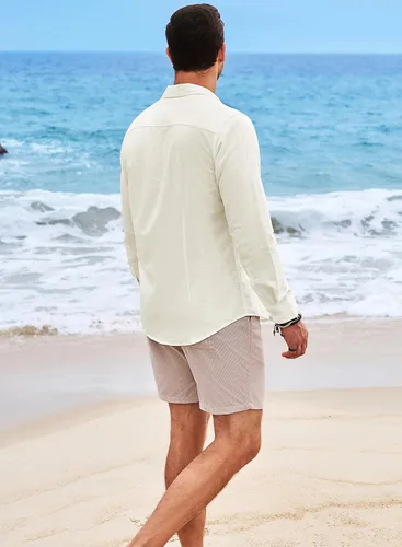 Vista 4 de JMIERR Camisas de lino para hombre, camisas casuales de playa de manga larga con botones