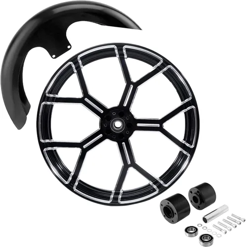 Vista 28 de TCMT Llanta de rueda delantera de 21", buje de rueda de brida de doble disco con guardabarros delantero negro sin pintar, compatible con modelos