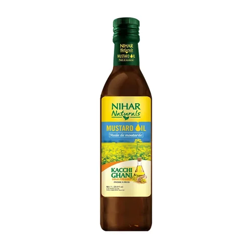 Vista 4 de Nihar Naturals Aceite de mostaza Kacchi Ghani Prensado en frío Aceite de mostaza 100% puro Para el cuidado de la piel, el cabello y el masaje